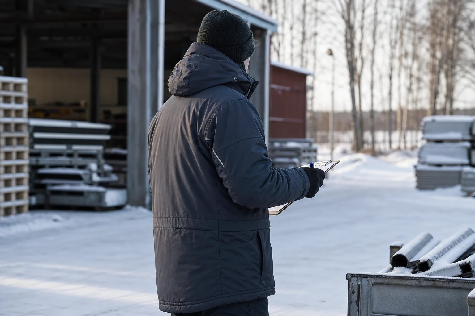 Person i vinterjacka med hög krage som arbetar utomhus en vinterdag