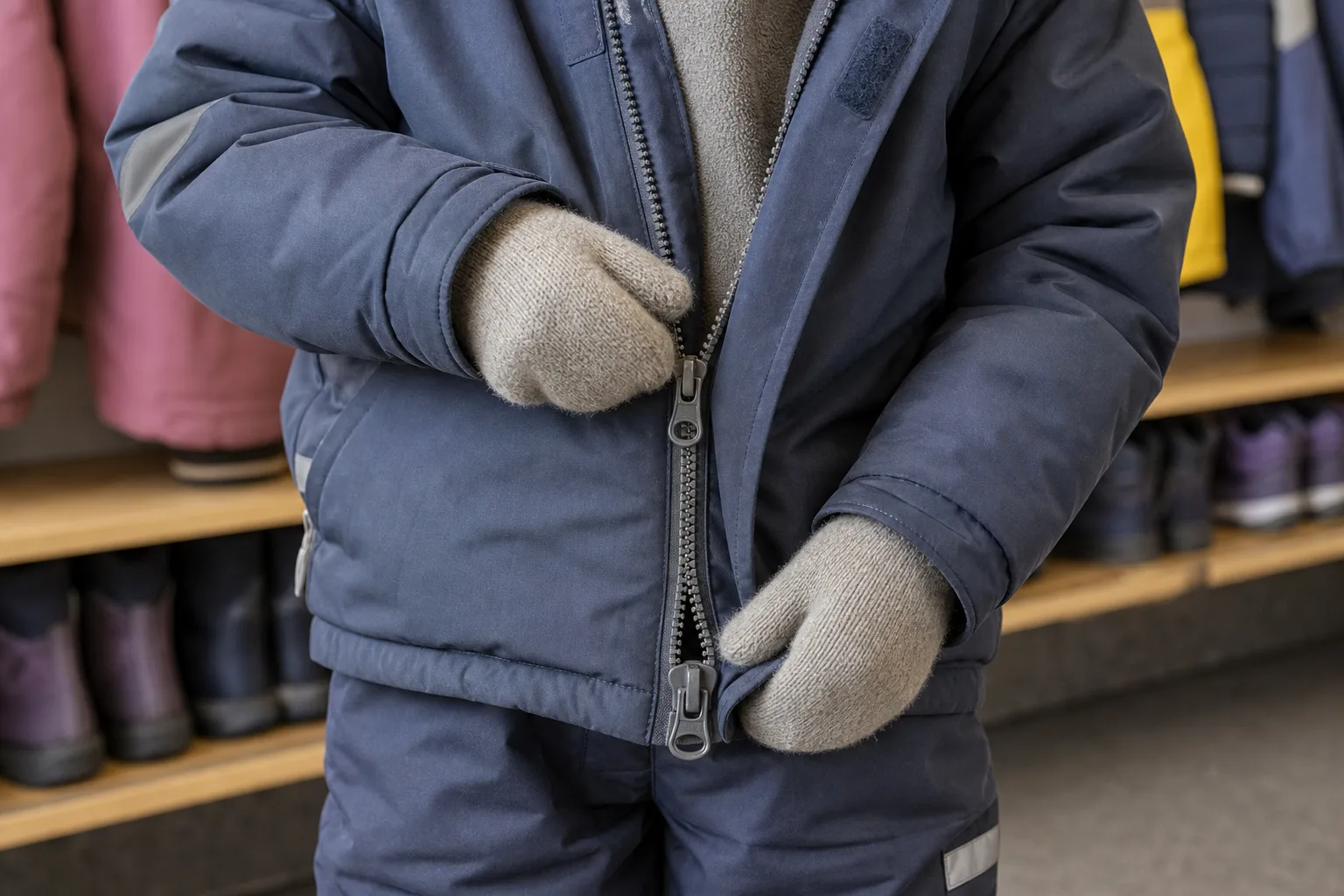 Barn med vantar som drar igen en vinterjackas grova dragkedja