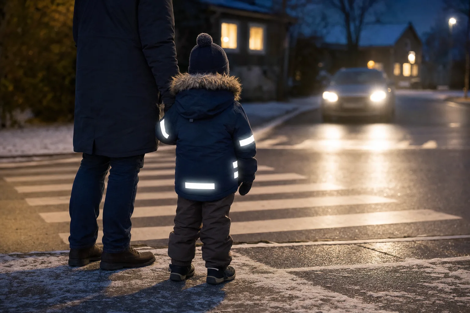 Barnjacka med reflexer på ärm, sida och rygg vid ett övergångsställe i vinterkväll
