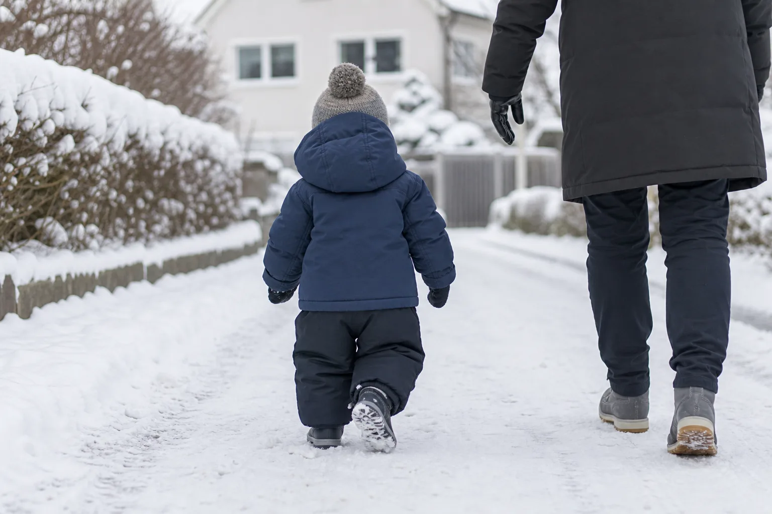 Litet barn sett bakifrån på vinterpromenad bredvid en vuxen