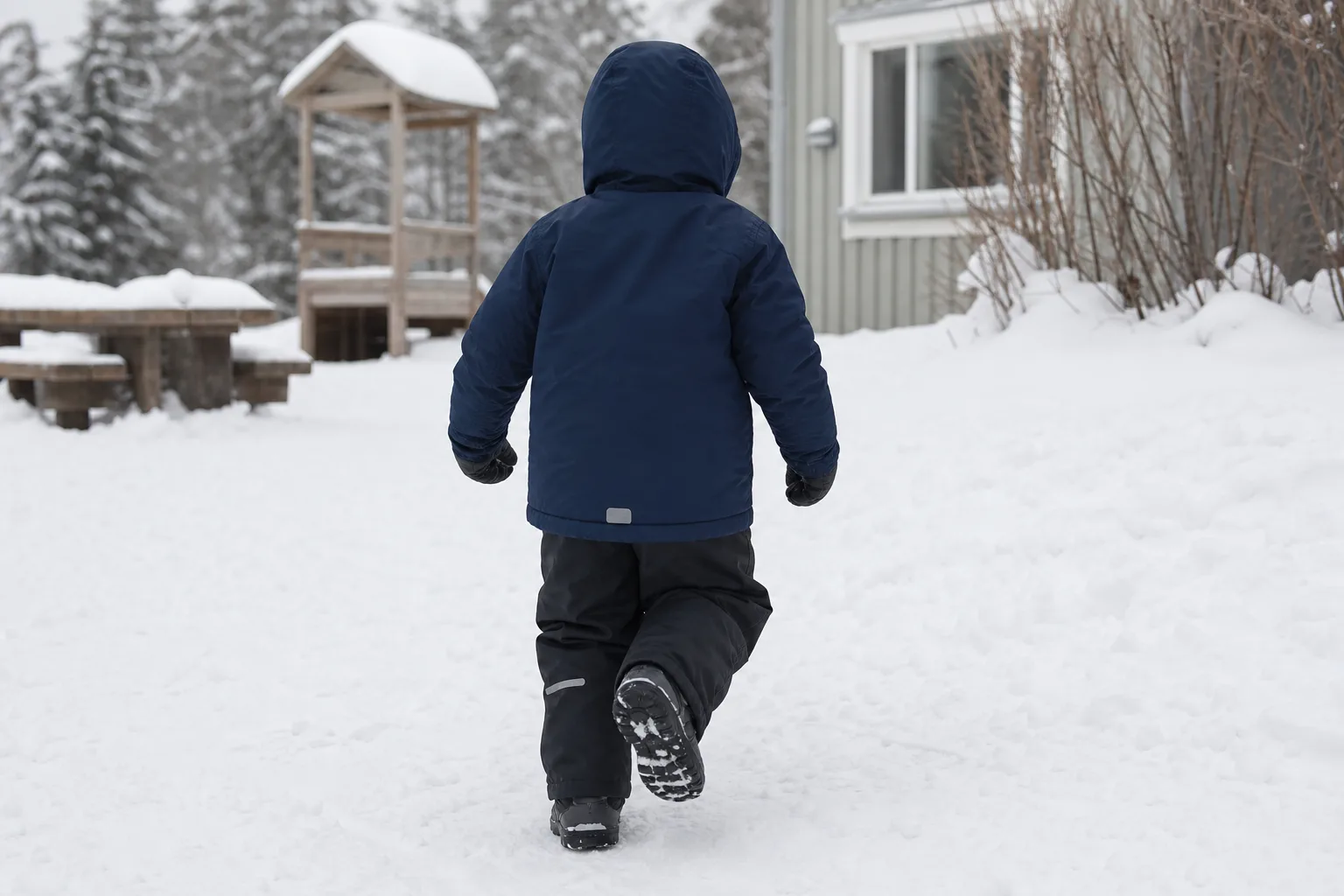 Barn sett bakifrån som rör sig i snö med vinterjacka och separata överdragsbyxor