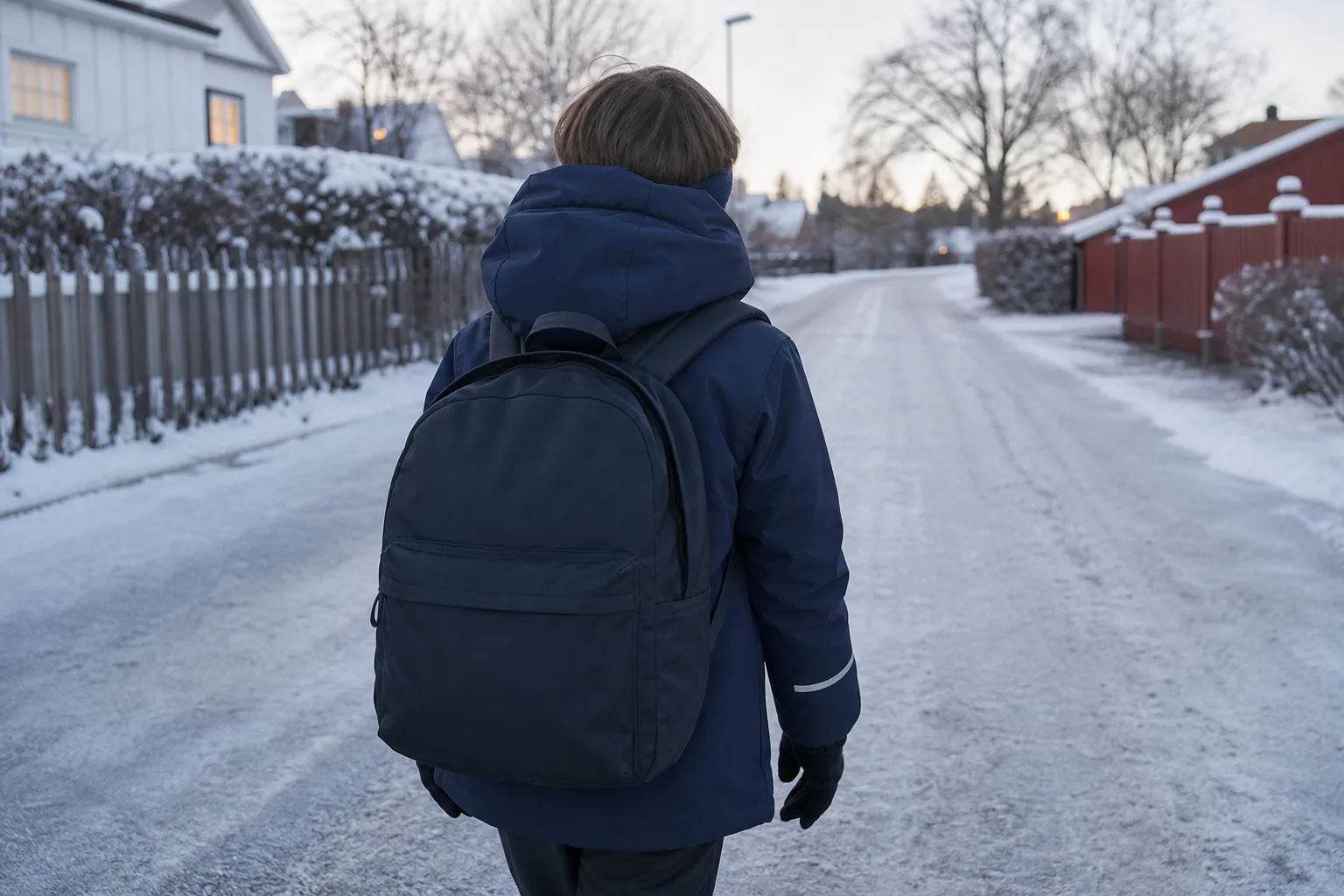 Skolbarn sett bakifrån med ryggsäck över en vinterjacka på en lugn vintermorgon