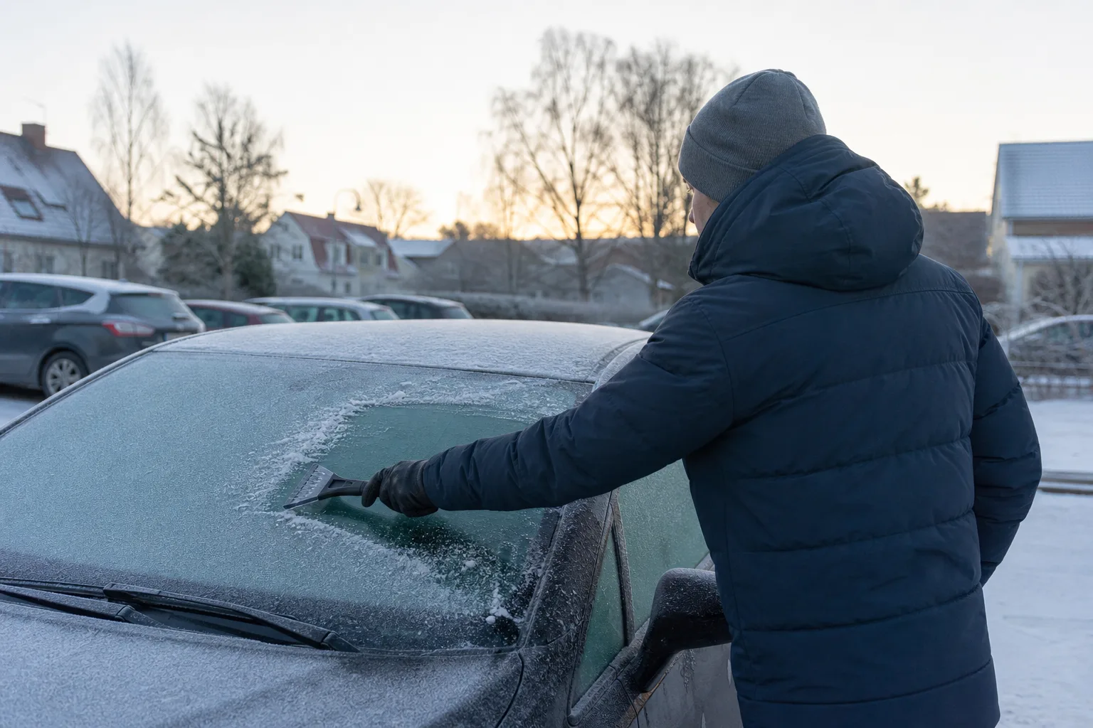 Person i vinterjacka som skrapar en frostig vindruta en vintermorgon