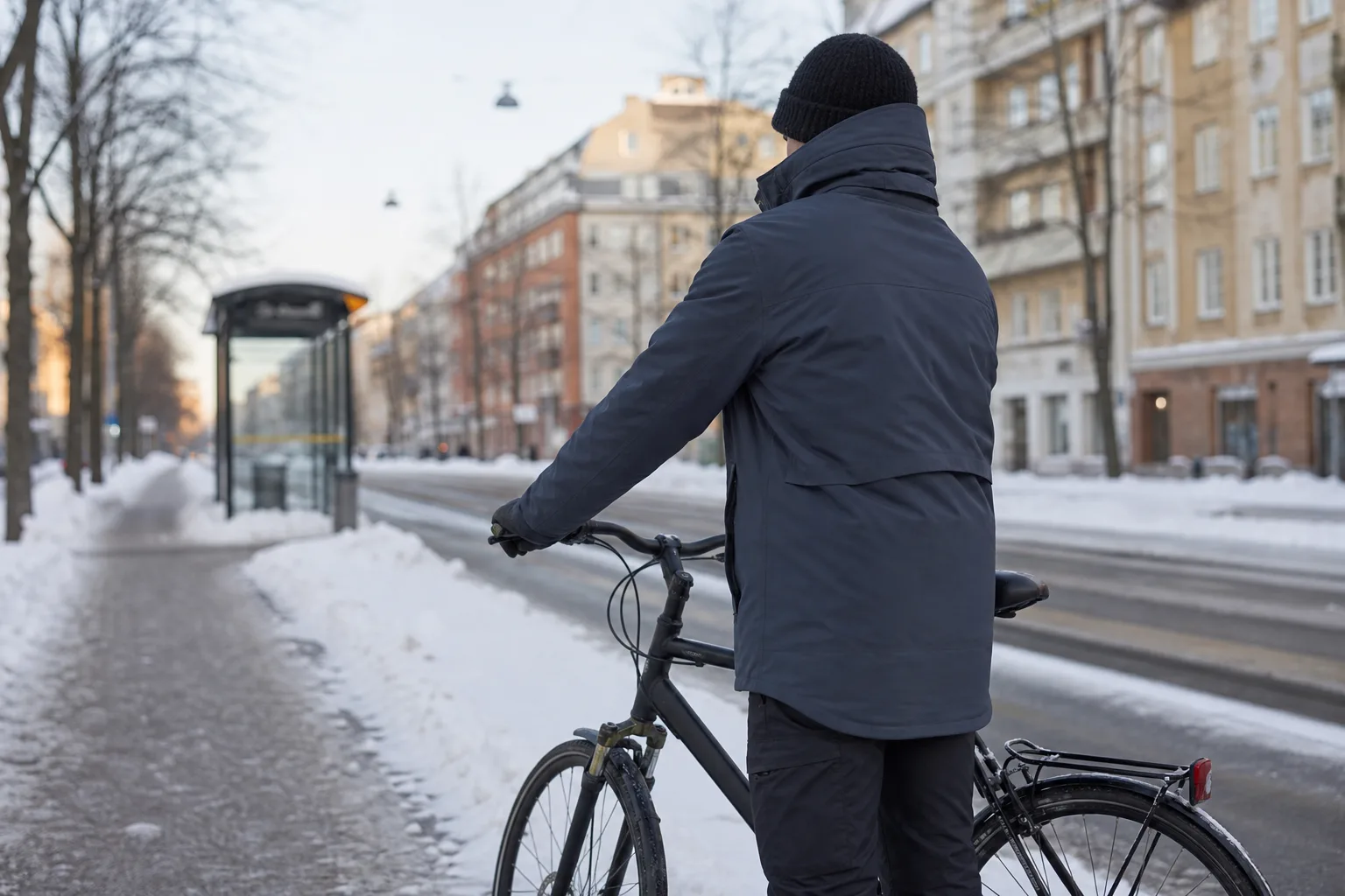 Cykelpendlare i längre vinterjacka på en snöig stadsgata
