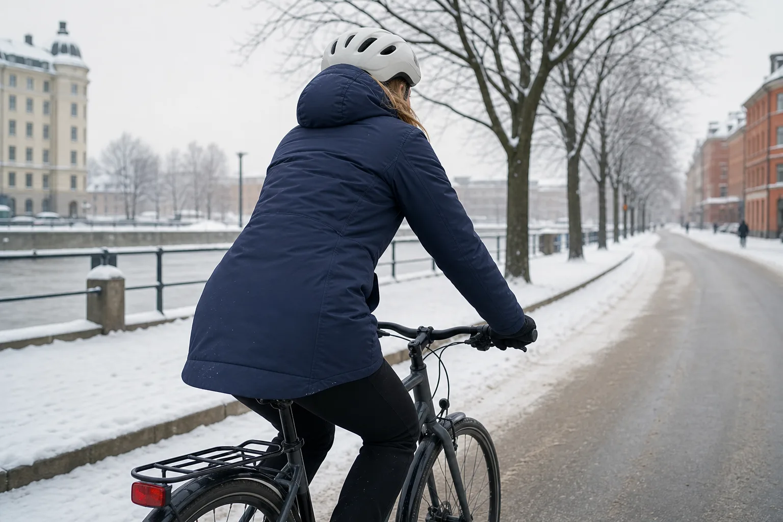 Cykelpendlare i vinterjacka med täckt rygg i framåtlutad cykelställning