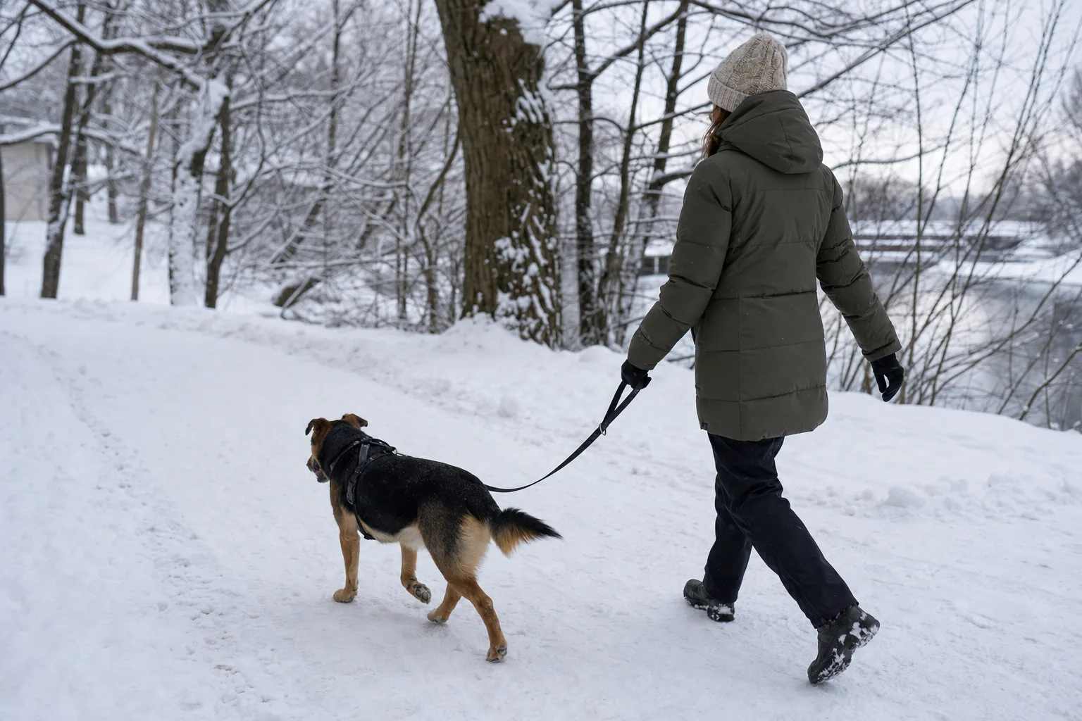 Kvinna i vinterjacka som går med hund på snöig parkstig
