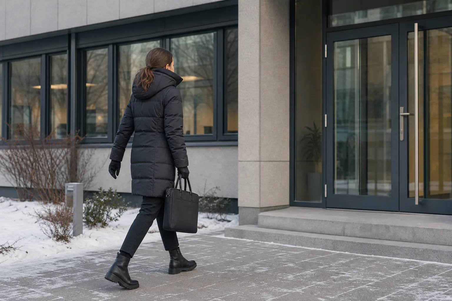 Kvinna i vinterjacka på väg mot ett kontor en kall vintermorgon