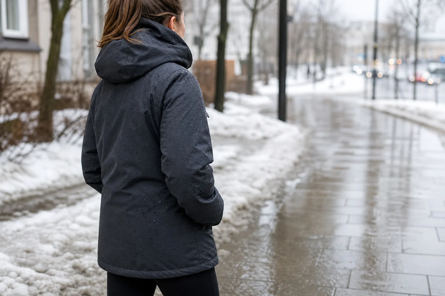 Kvinna i vinterjacka med vattendroppar på yttertyget vid blöt snö