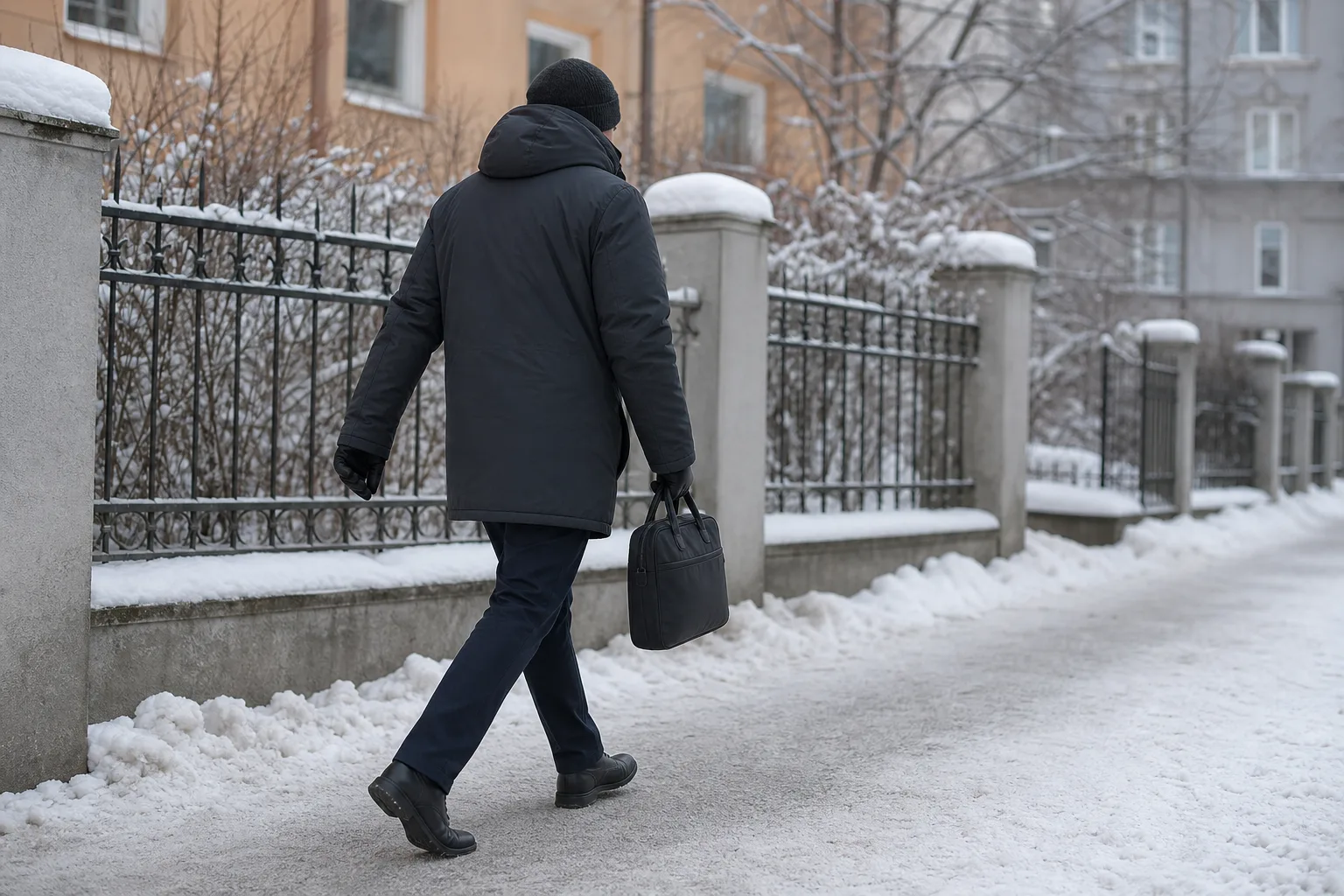 Person i längre vinterjacka som går till jobbet på snöig trottoar
