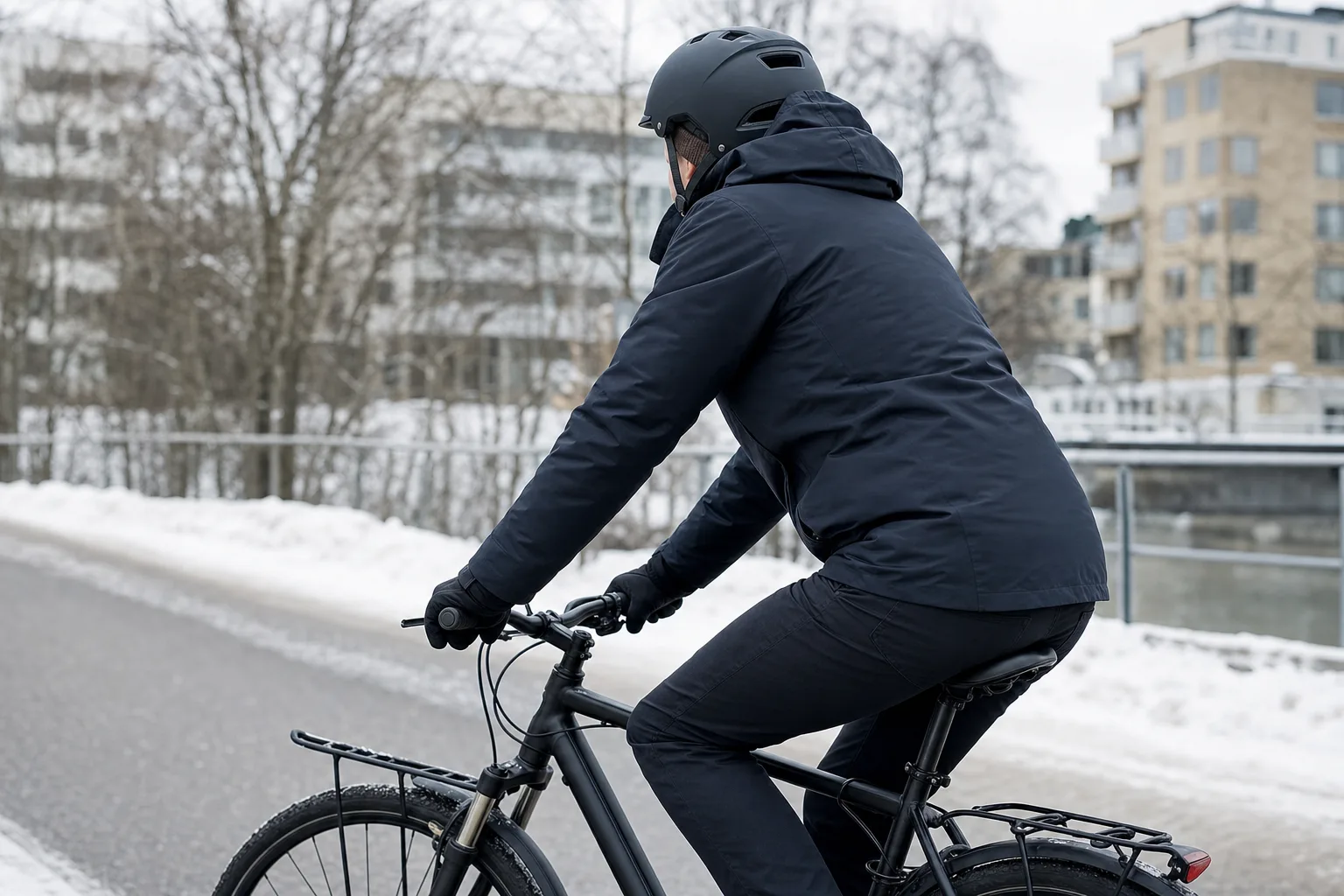Man i vinterjacka som cyklar på snöig cykelväg