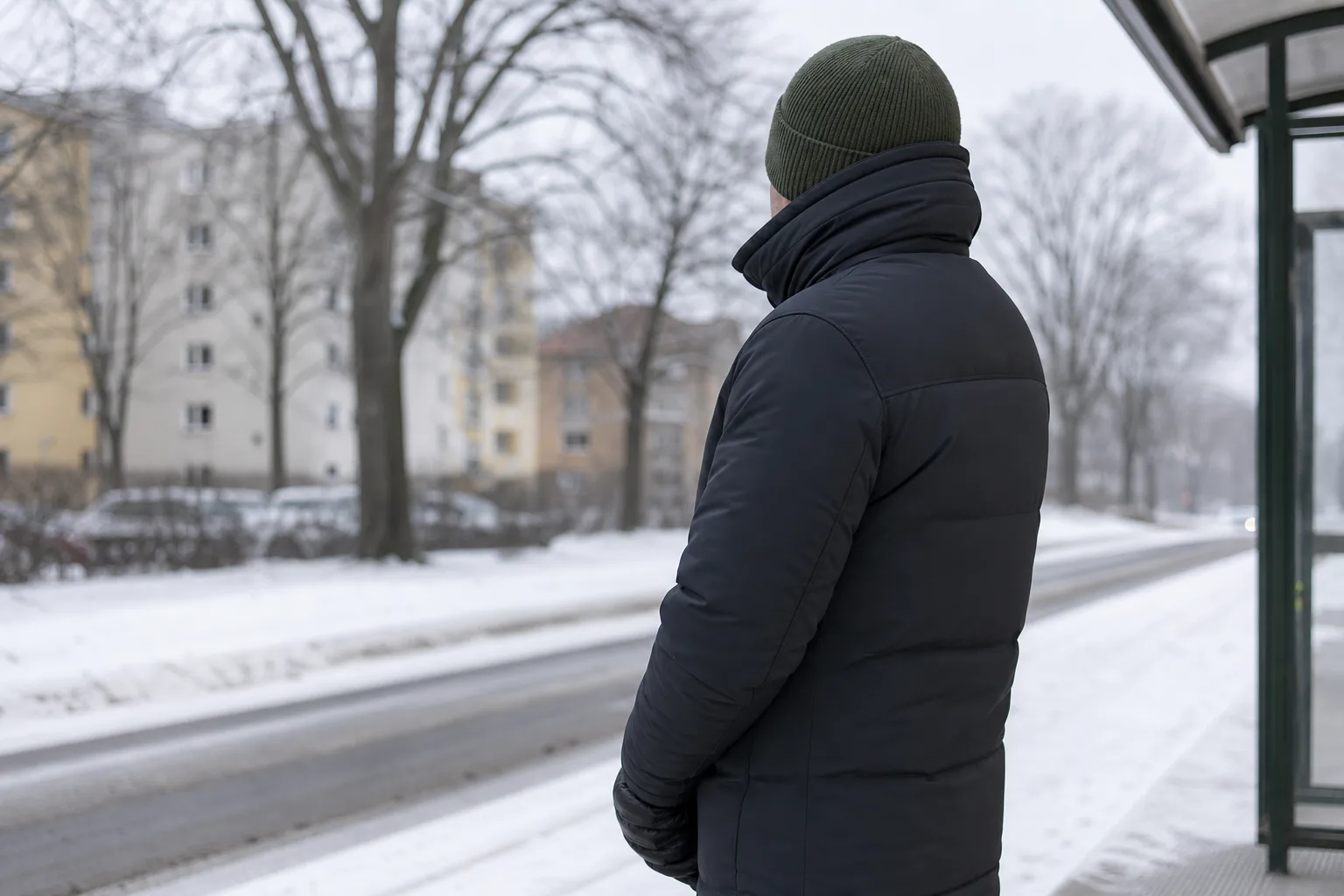 Man i vinterjacka med hög krage som väntar vid en snöig hållplats
