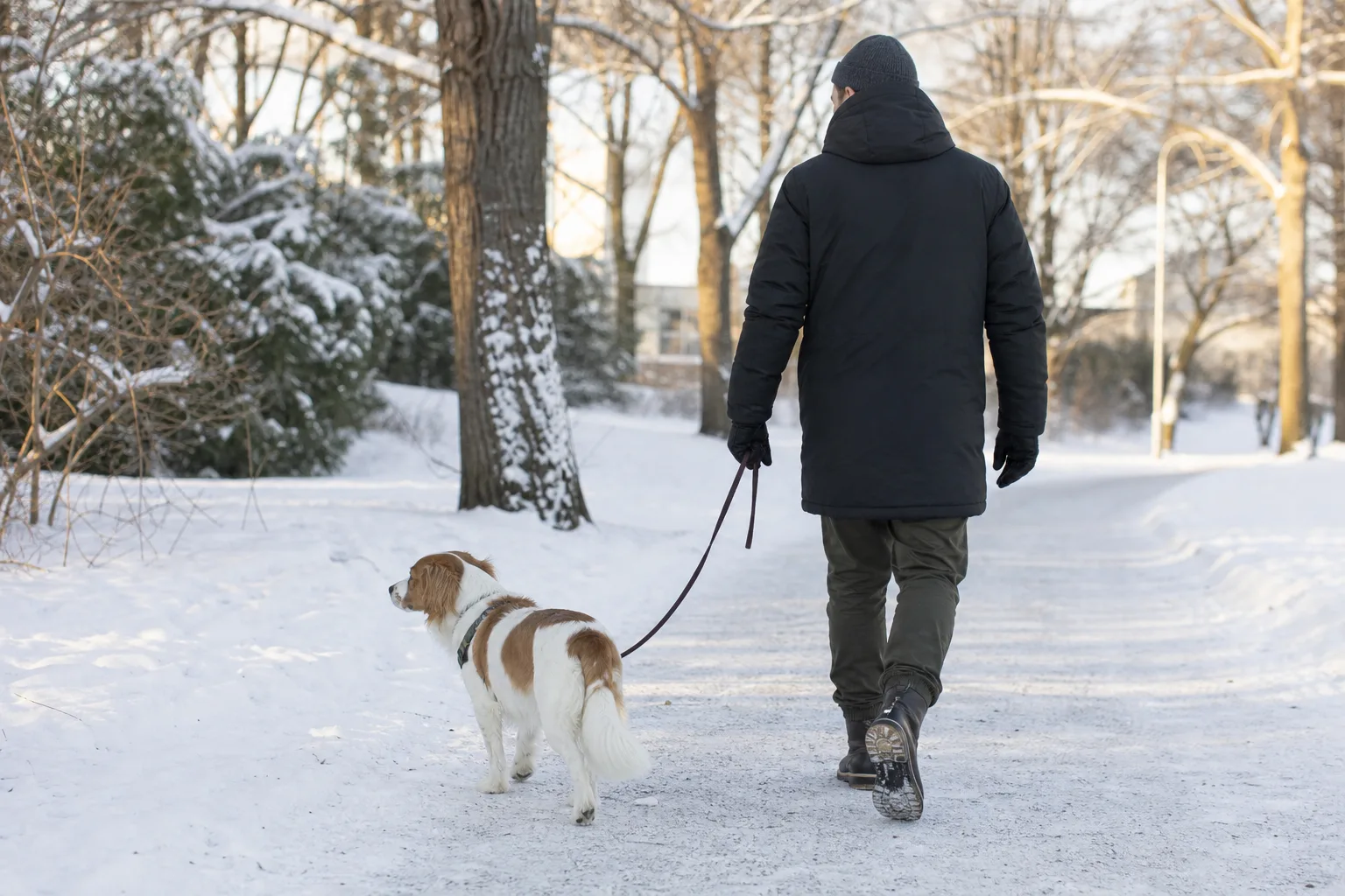 Man i längre vinterjacka som går med hund på en snöig parkstig