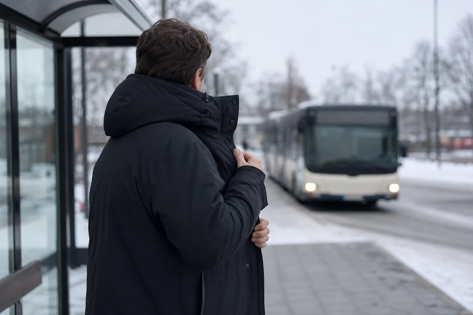 Man i vinterjacka som justerar kragen vid en snöig busshållplats