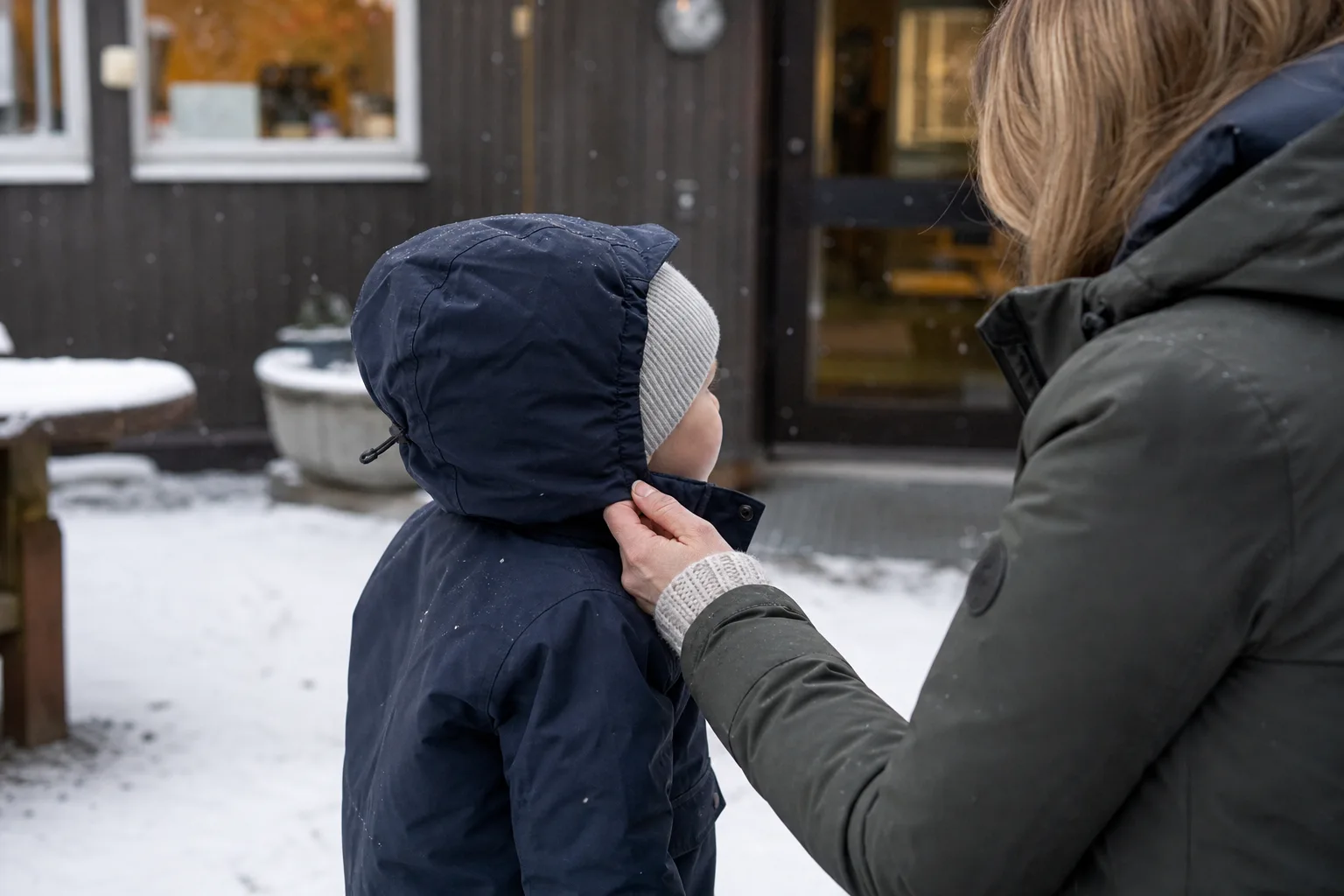 Man i vinterjacka som hanterar virke utomhus i vintermiljö