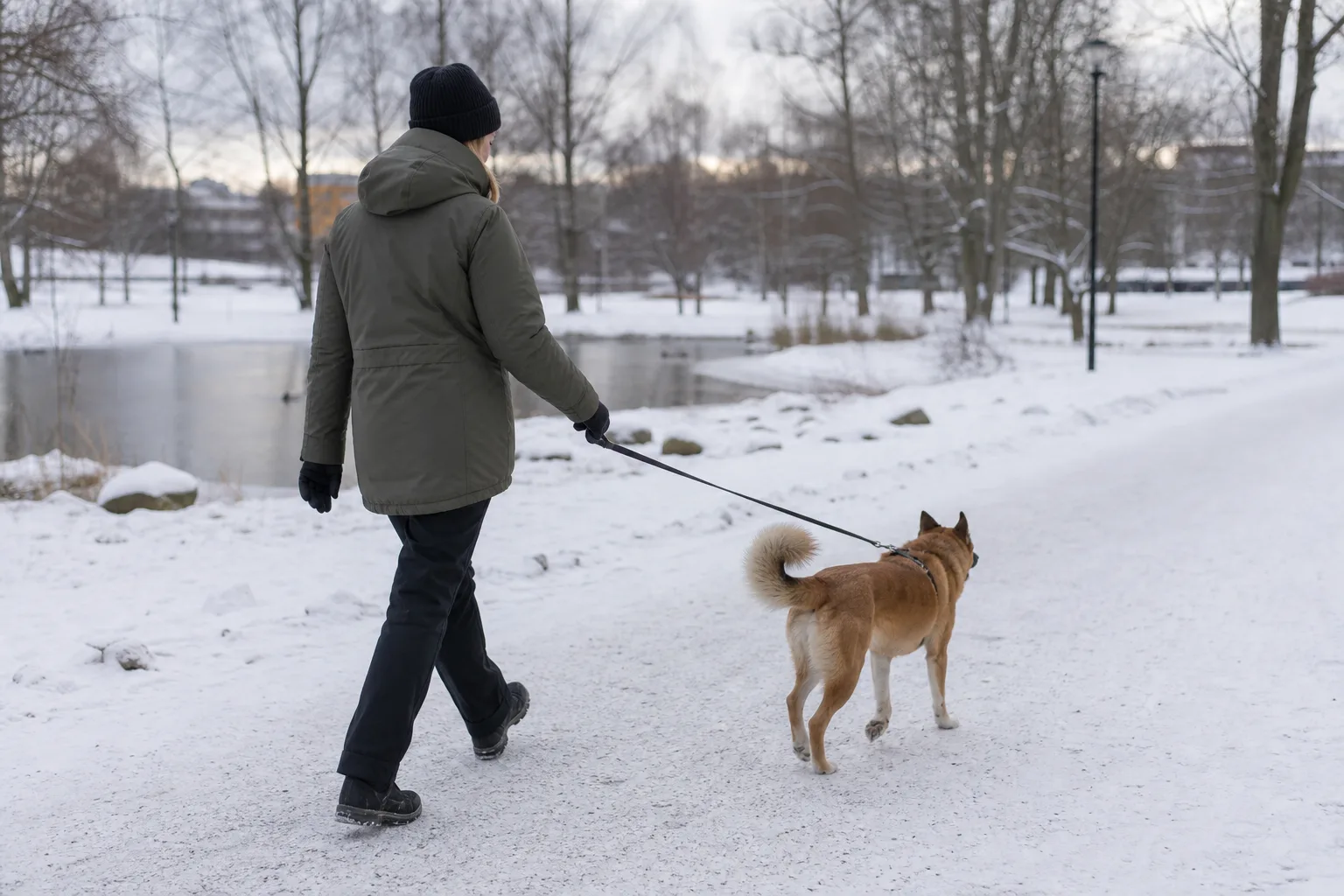 Person i vinterjacka som går med hund på snöig parkstig
