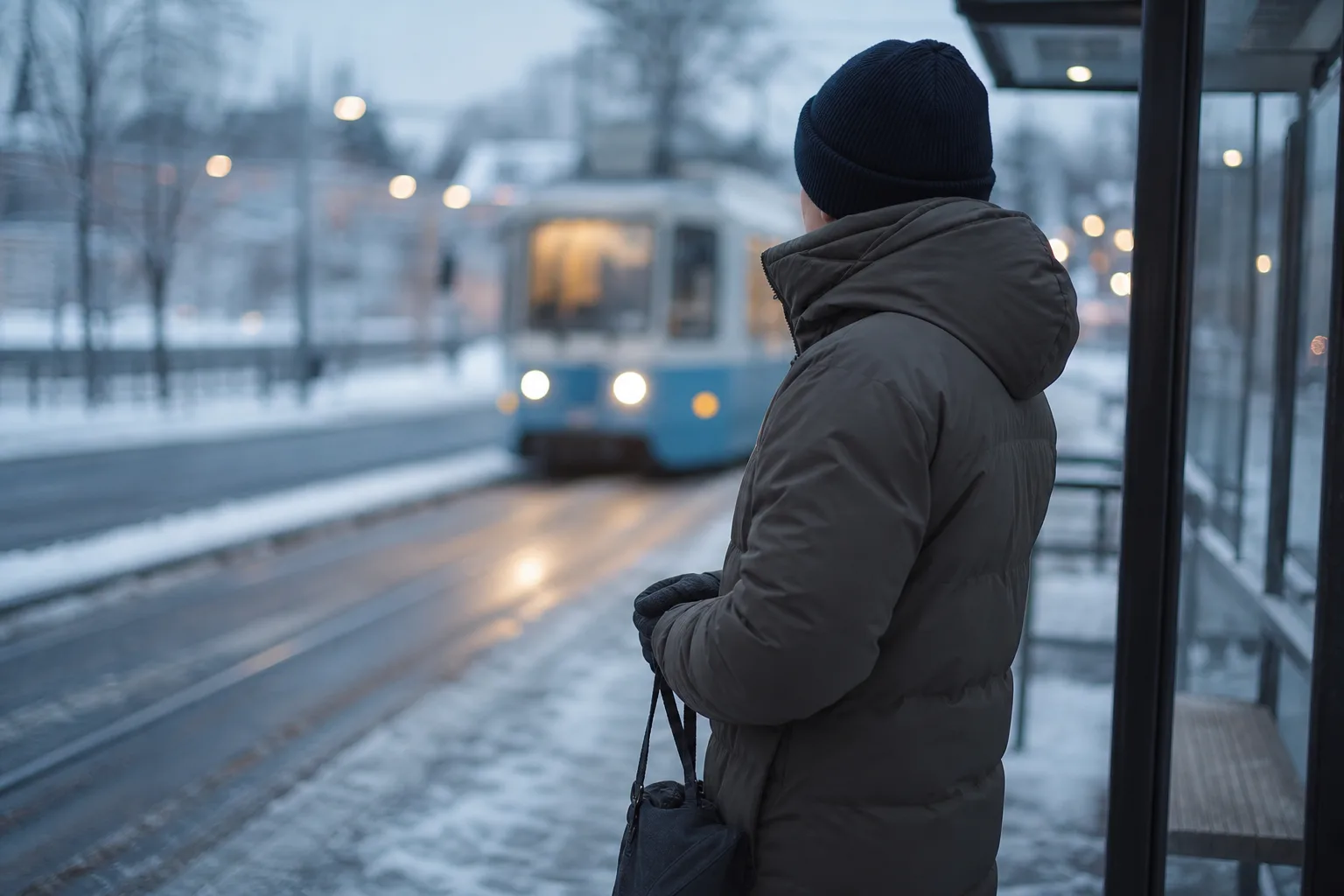 Person i vinterjacka som väntar vid en snöig spårvagnshållplats