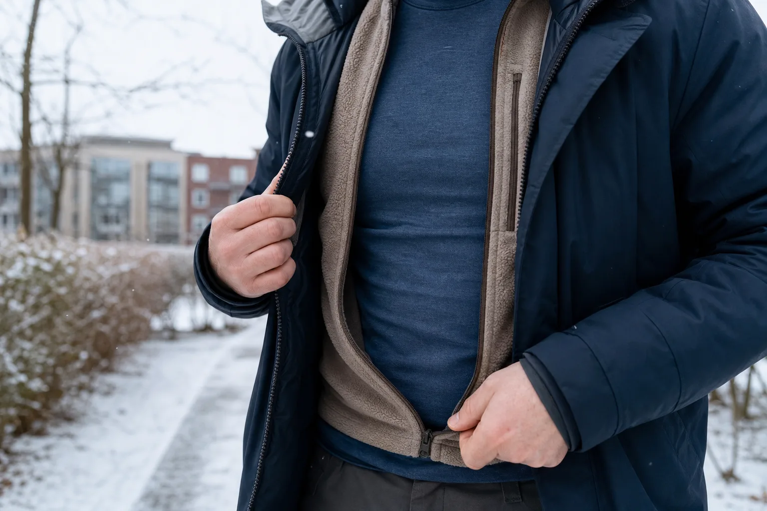 Öppen vinterjacka med baslager och fleece som mellanlager