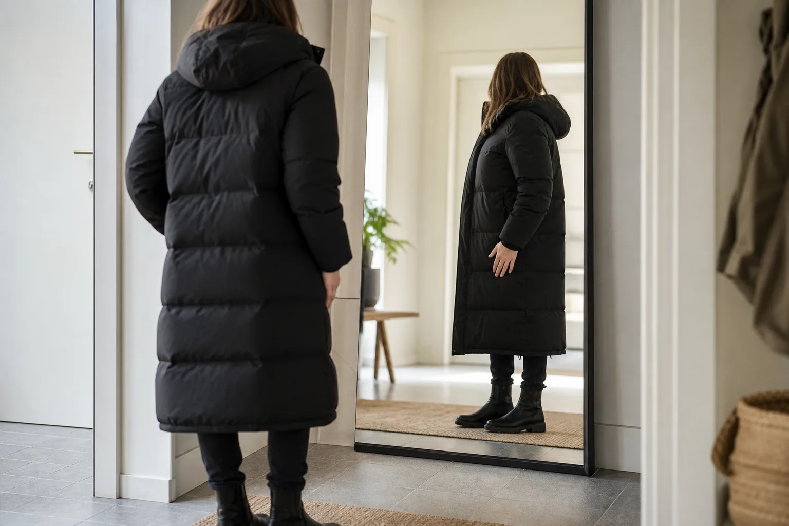 Person som kontrollerar längd och passform på en lång vinterjacka i en hallspegel