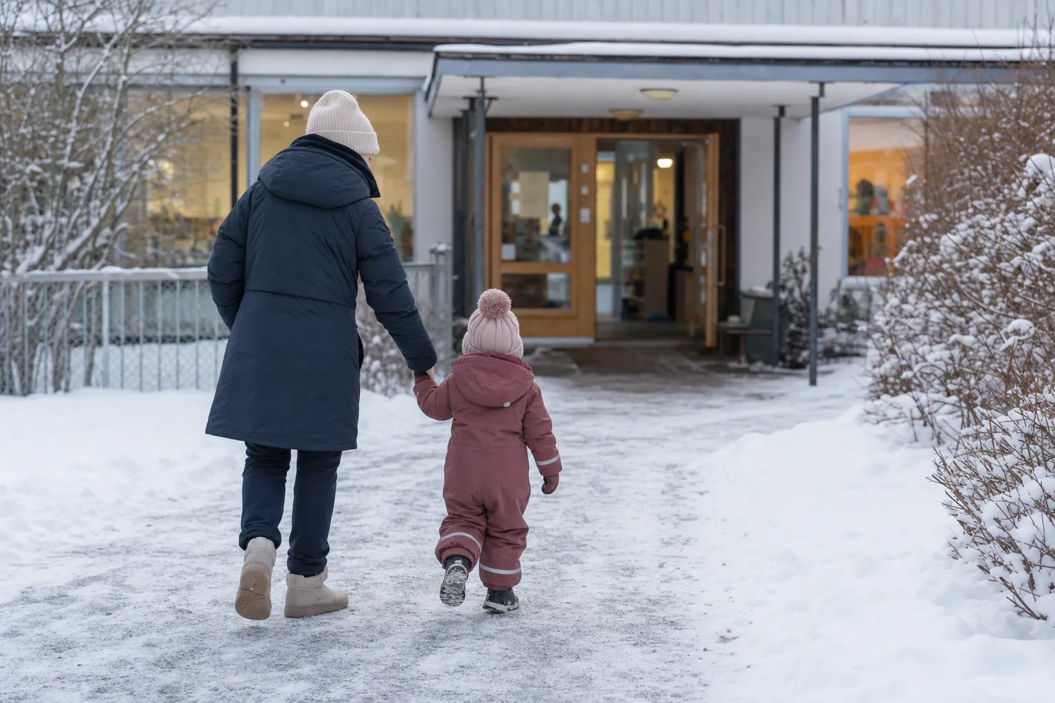 Vuxen i vinterjacka som följer ett barn till förskolan en snöig morgon