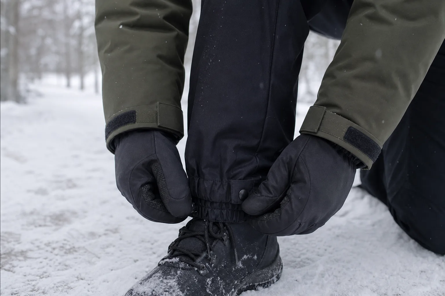 Justerbar jackmudd vid handske och snöskydd vid en vinterkänga