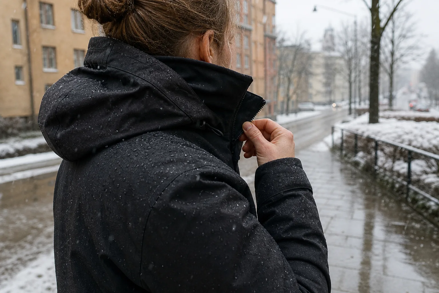 Våt vinterjacka där en person justerar krage och dragkedja i blötsnö