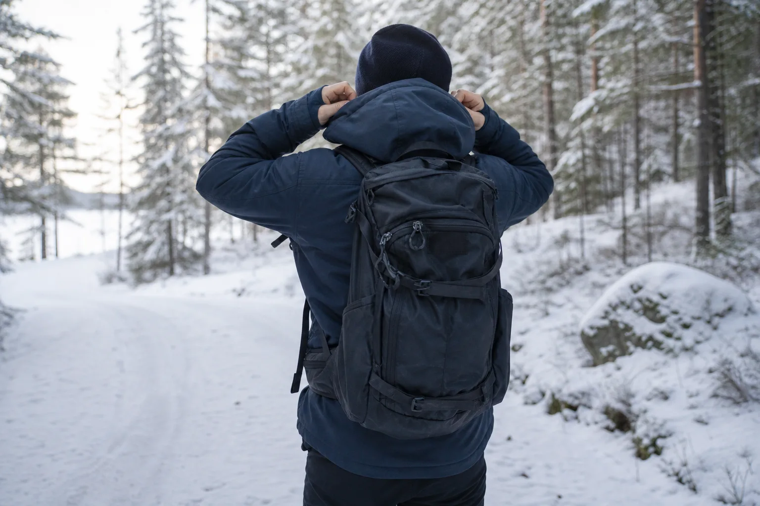 Person med vinterjacka och ryggsäck som justerar huvan vid en snöig skogsstig