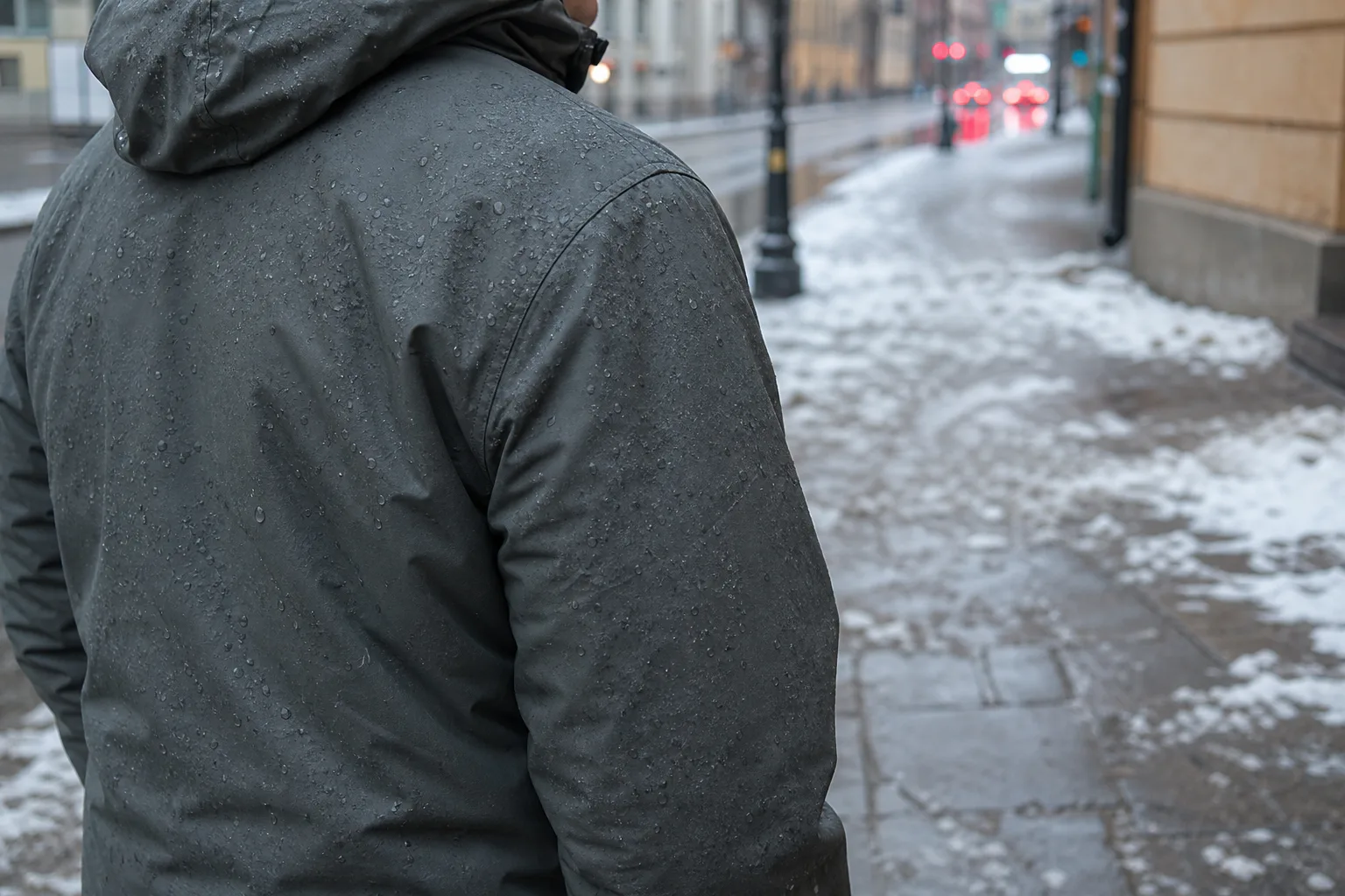 Våt snö på yttertyget av en vinterjacka i stadssnö