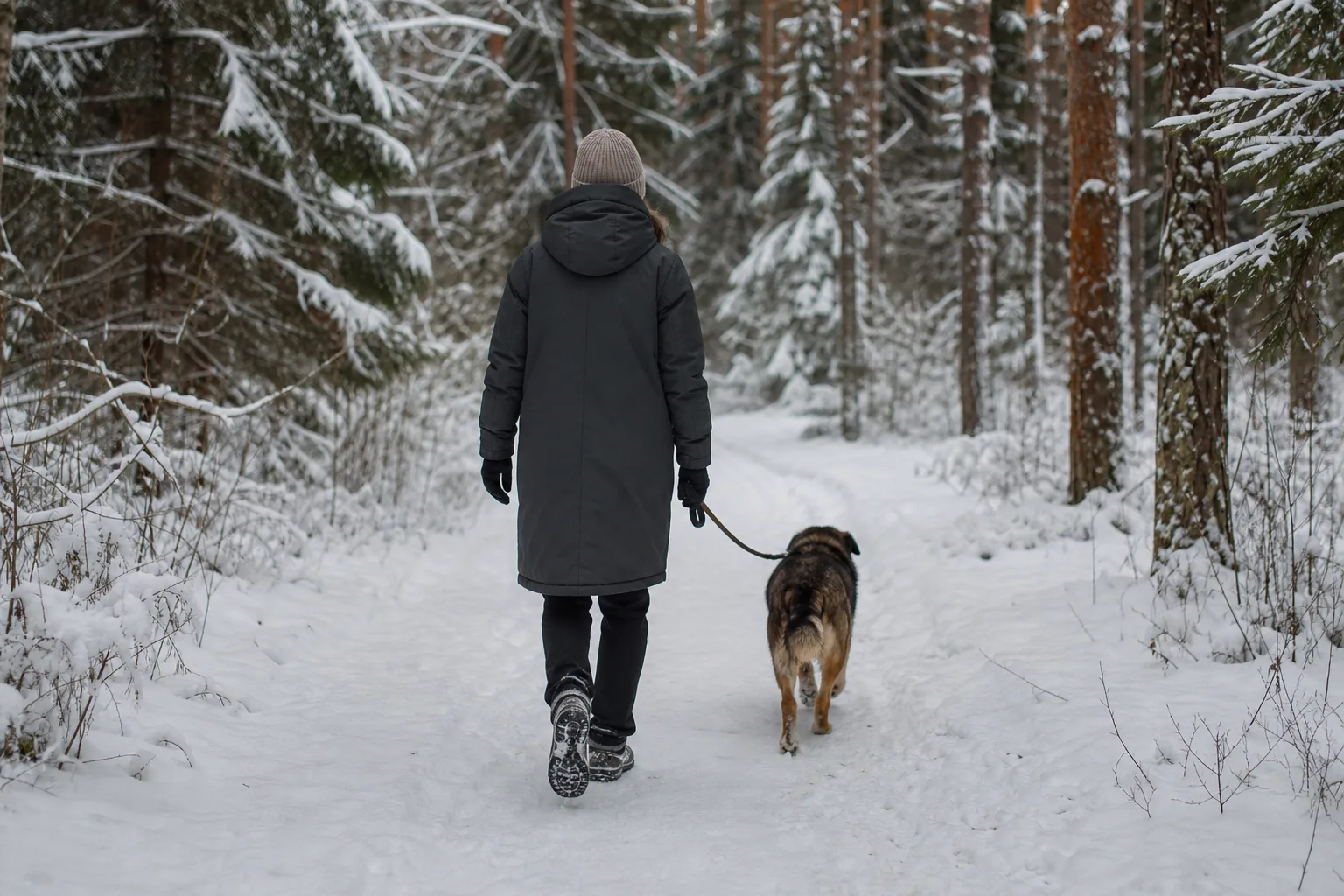 Person i lång vinterjacka som promenerar med hund på en snötäckt skogsstig