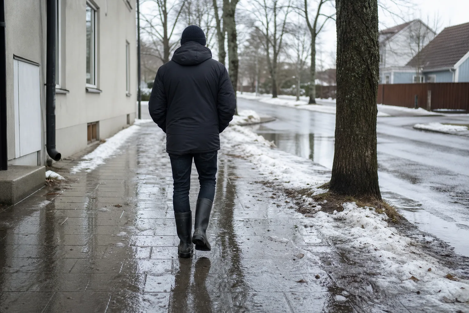 Person i mörk vinterjacka och gummistövlar på en våt trottoar med smält snö