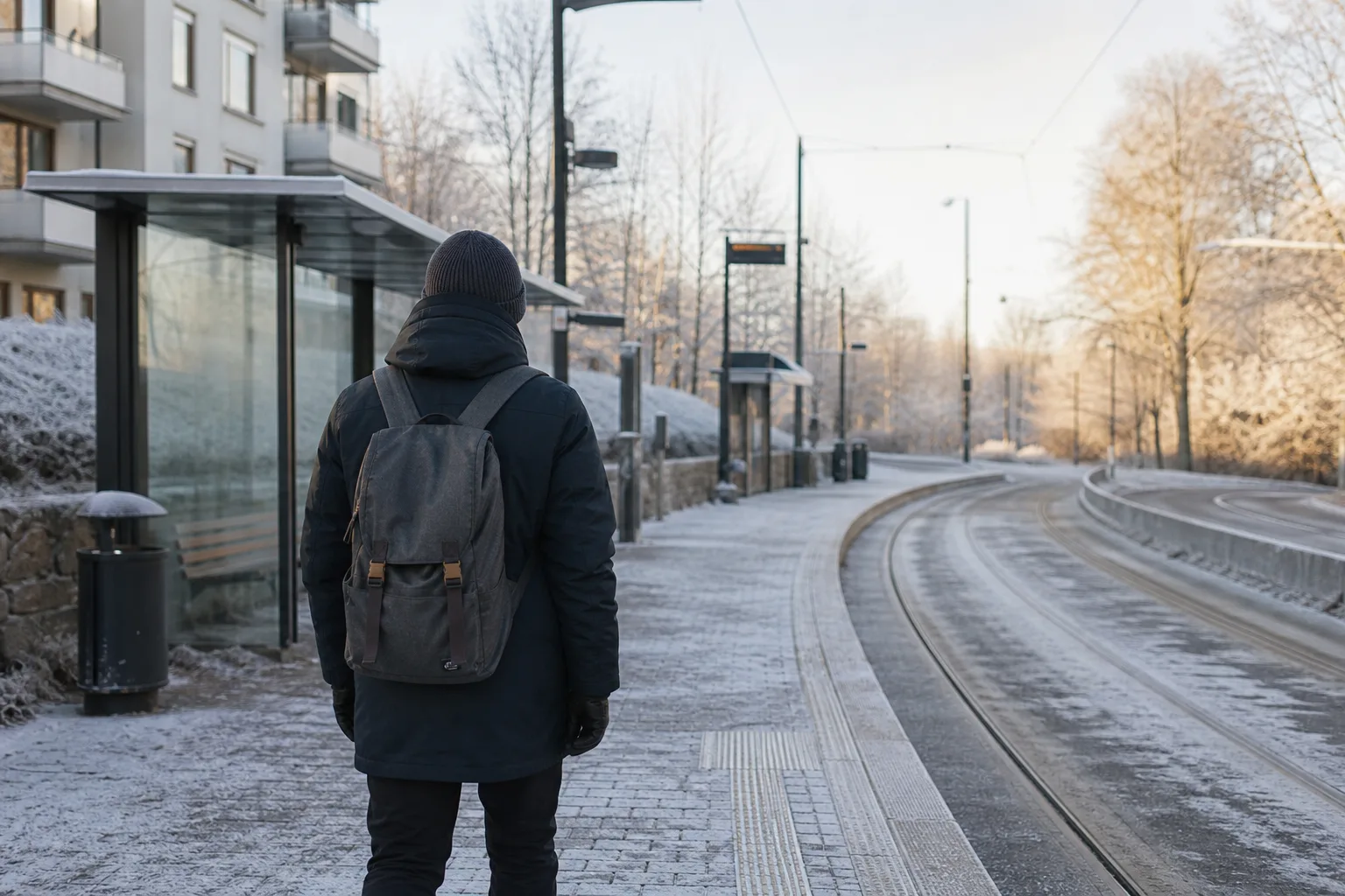 Person med ryggsäck i vinterjacka vid en spårvagnshållplats en frostig morgon