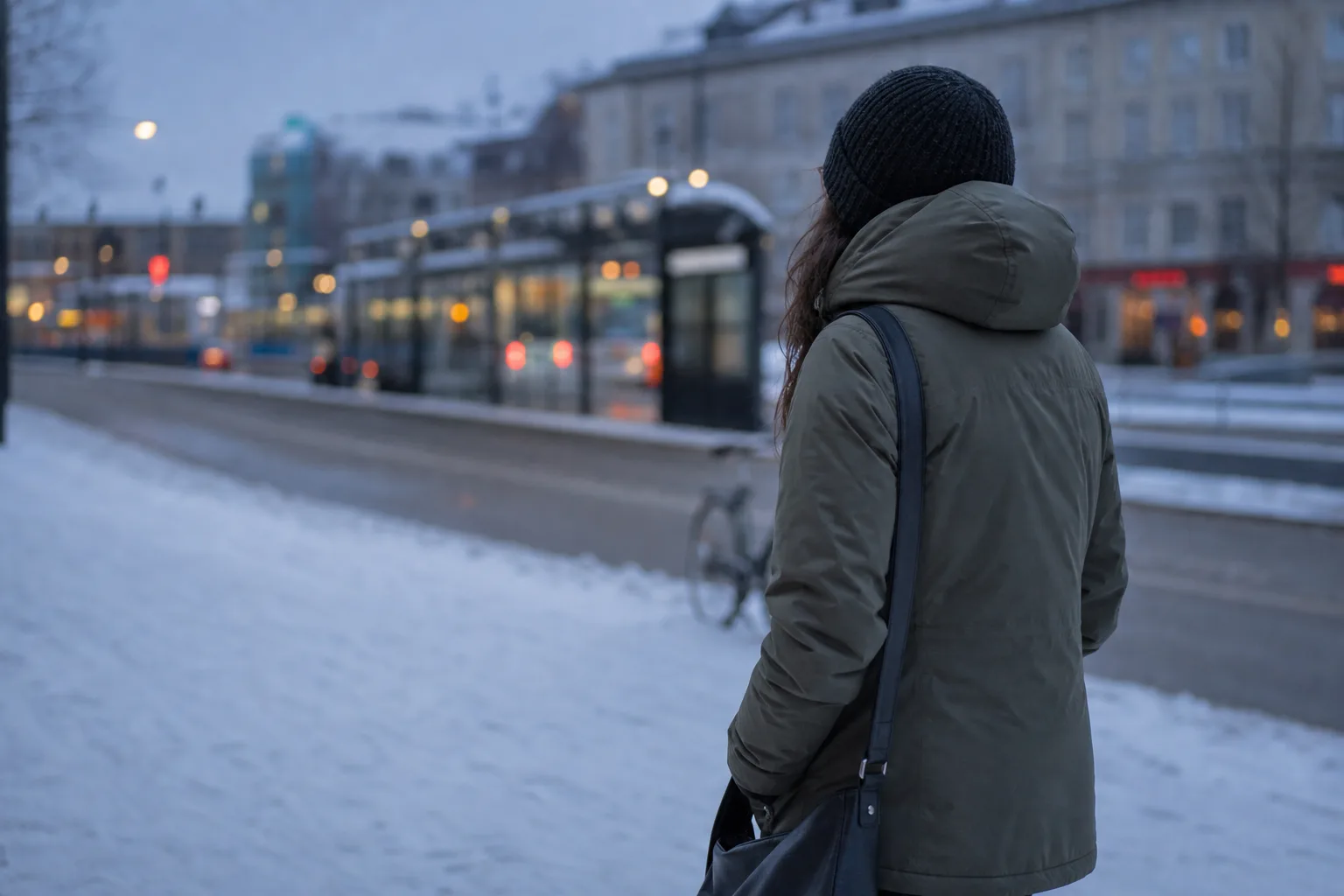 Person i lätt vinterjacka vid en snöig hållplats en vintermorgon