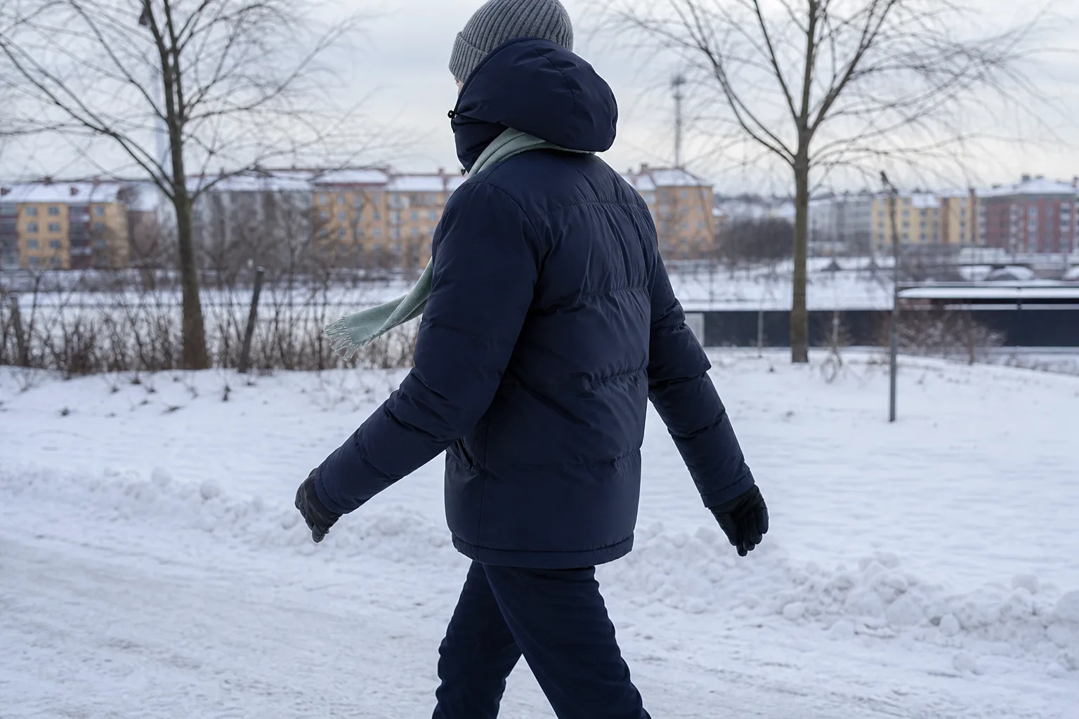 Person i vinterjacka med hög krage och täta ärmslut på en snöig vinterpromenad