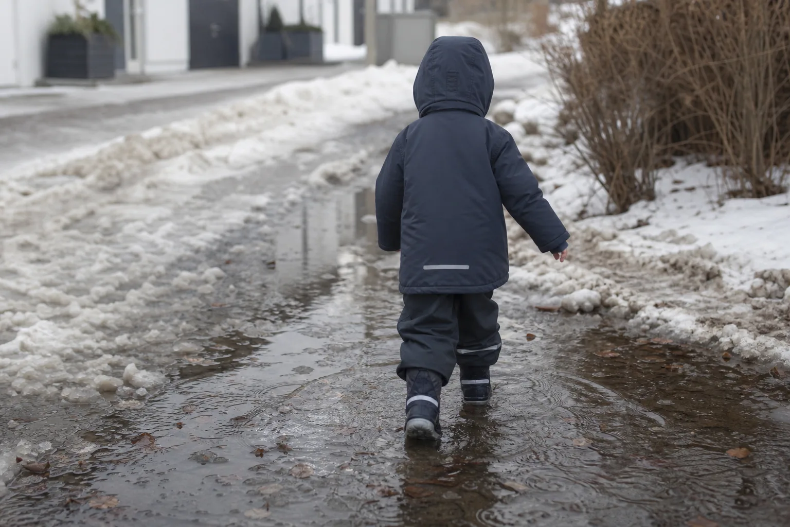 Barn sett bakifrån som går i blöt snö och slask med vinterjacka och stövlar