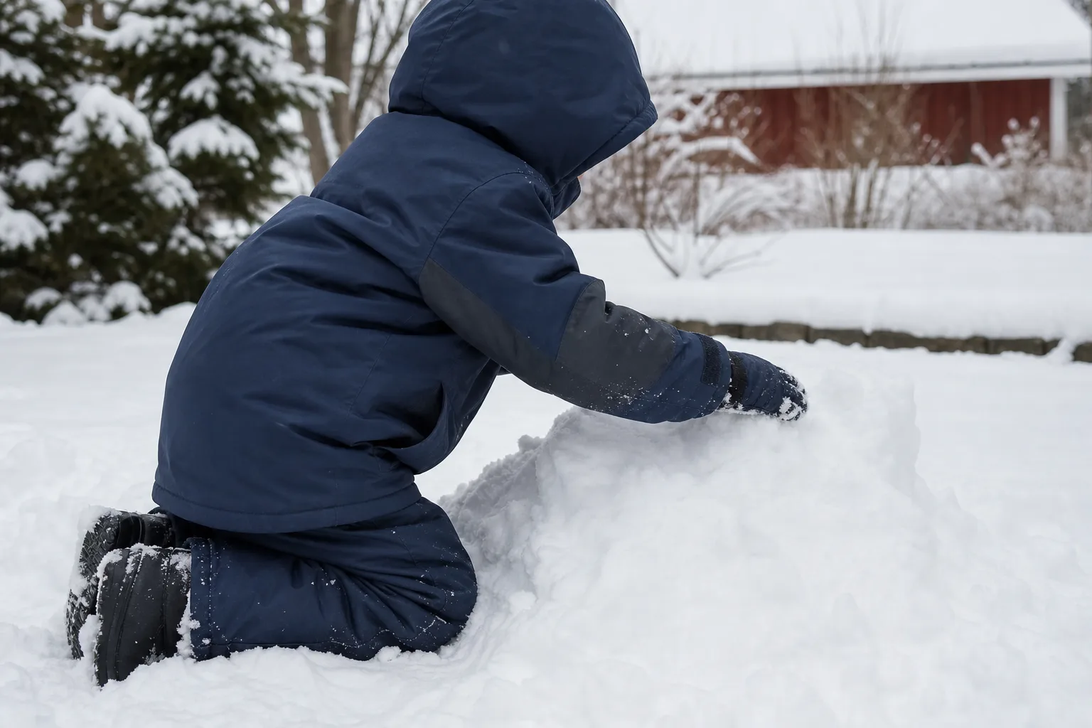 Barn i vinterjacka på knä i snön med förstärkt armbågsområde synligt från sidan