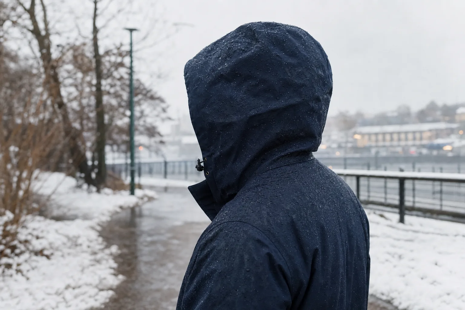 Vattendroppar på huva och yttertyg av en vinterjacka i blötsnö