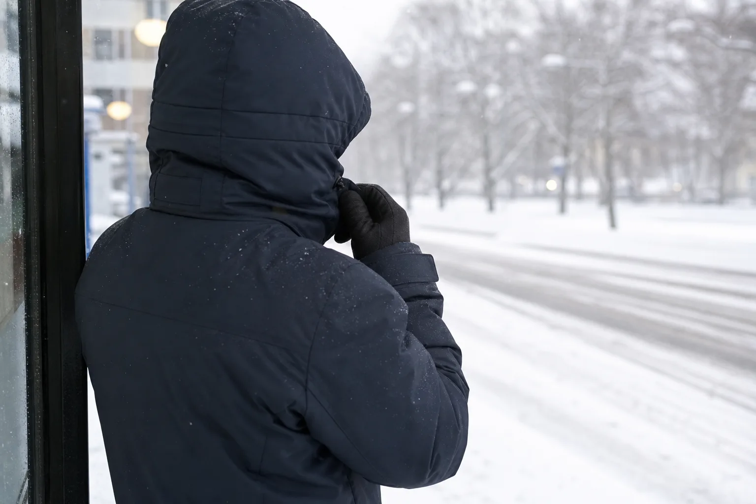 Person i vinterjacka som drar upp hög krage och huva i snöfall