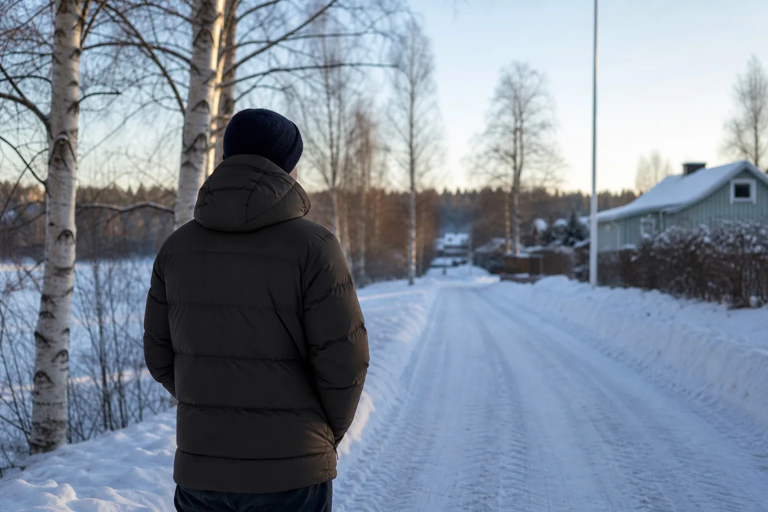 Person i varm vinterjacka på en klar snötäckt inlandsgata