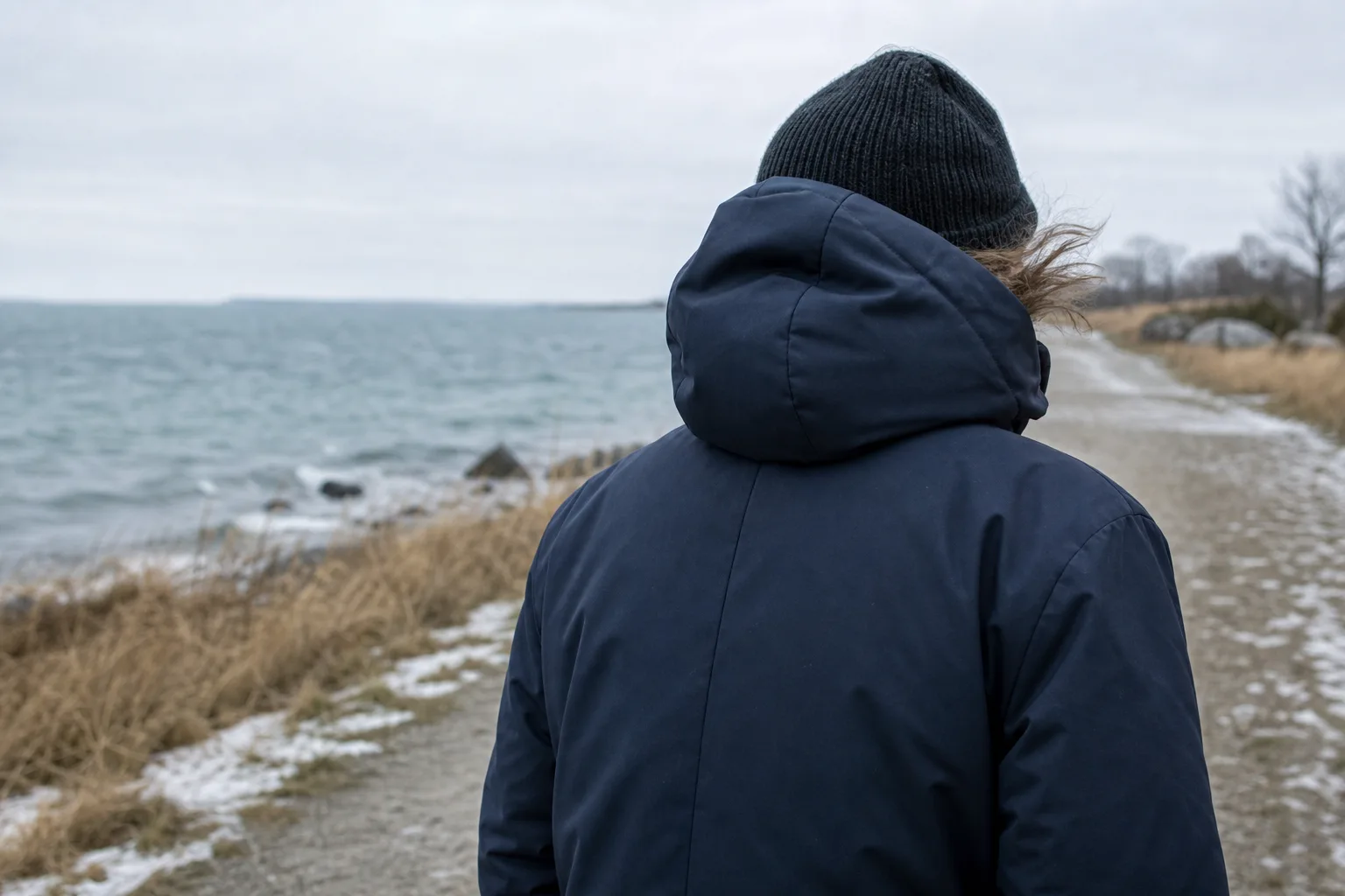 Person i vinterjacka vid en blåsig svensk kuststig