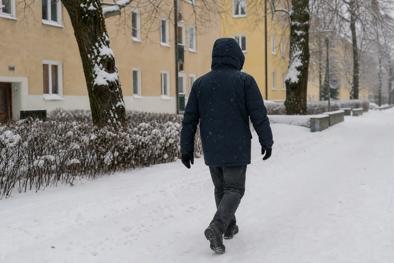 Person i mörk vinterjacka som går på en snöig bostadsgata