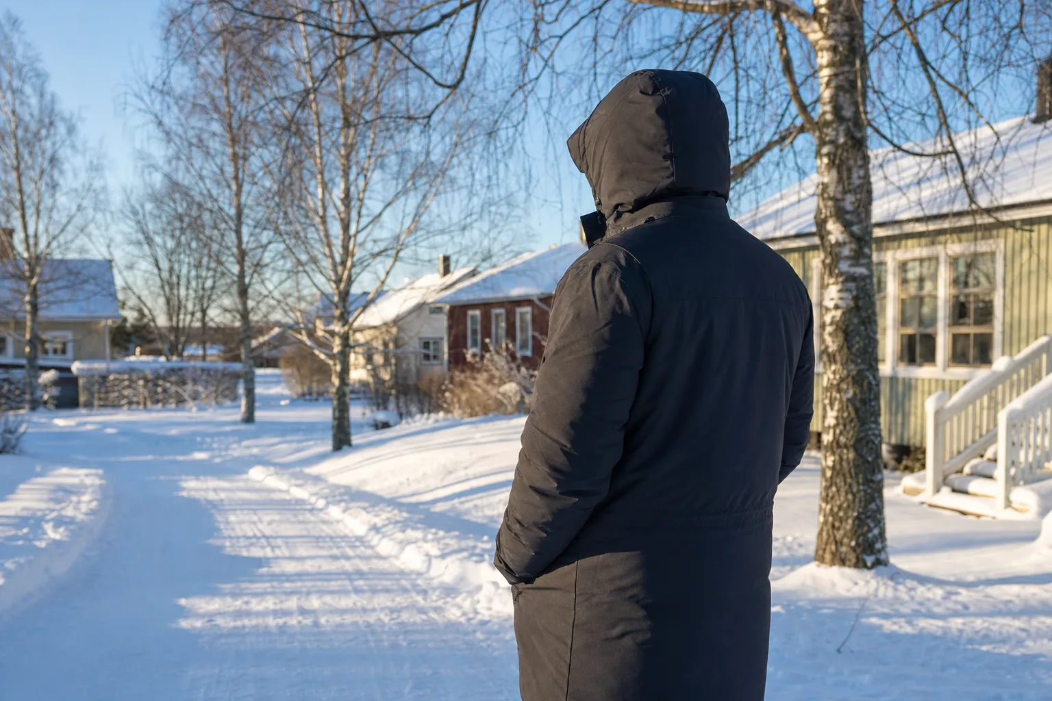Person i lång vinterjacka med stängd huva i torr vinterkyla