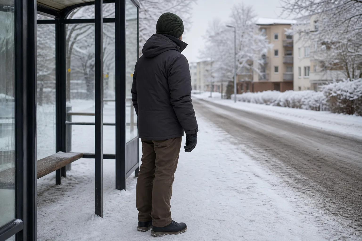 Person i vinterjacka som väntar vid en snöig busshållplats