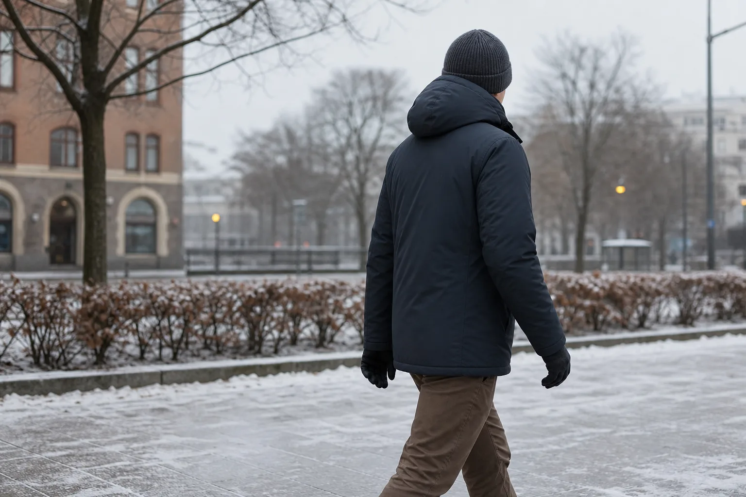 Person i medelvarm vinterjacka som går i lätt stadsvinter