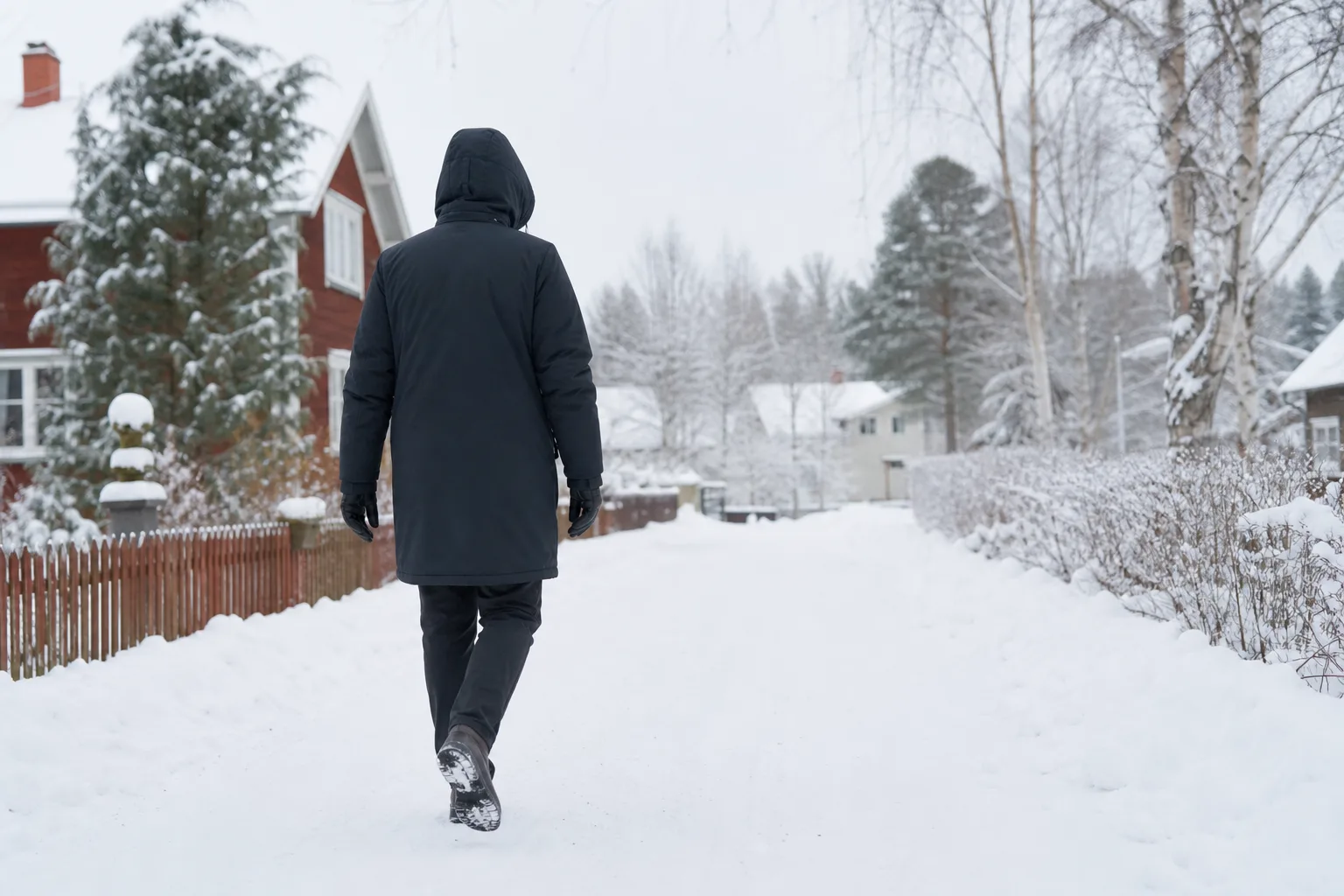 Person i lång vinterjacka på en snötäckt nordsvensk bostadsgata