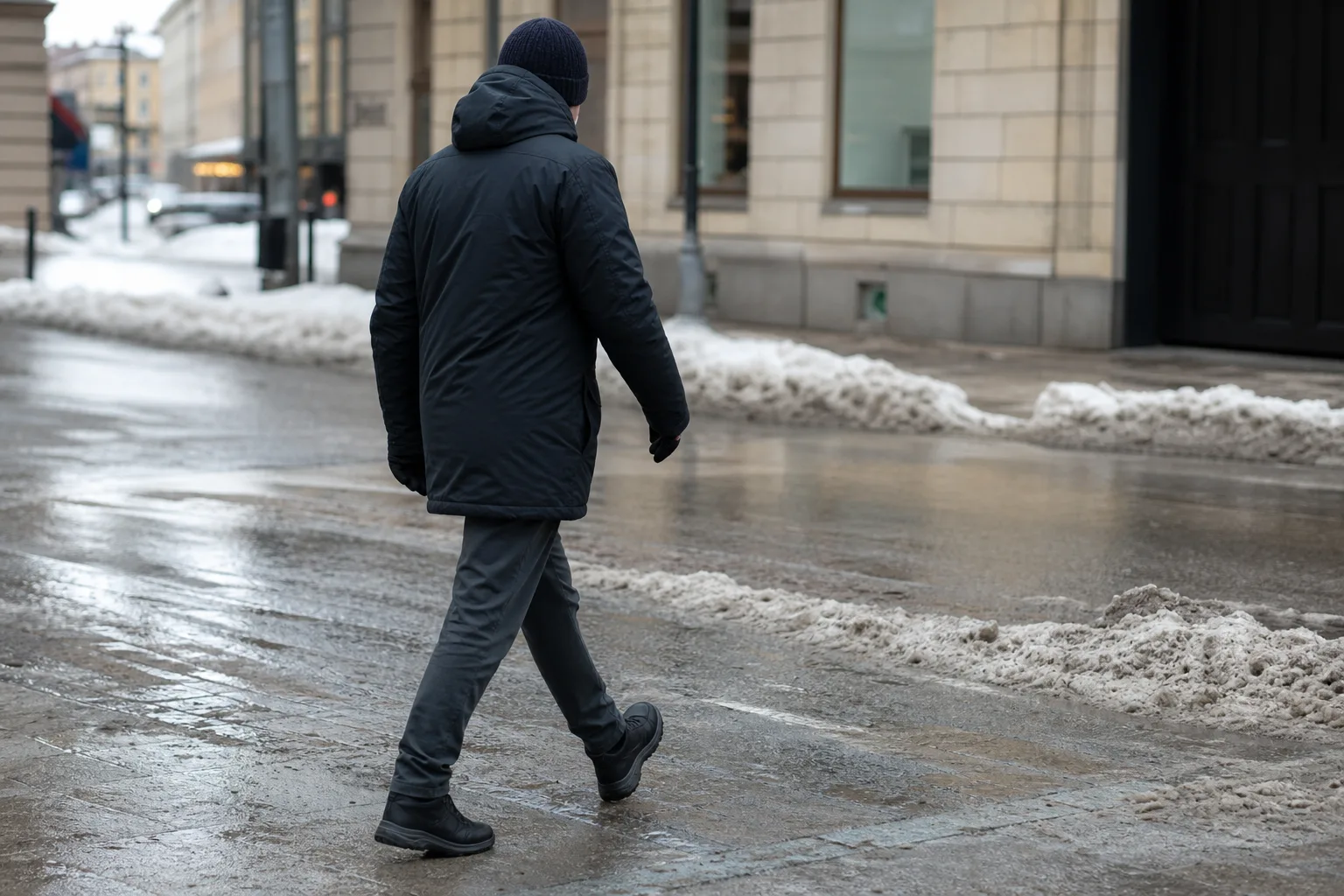 Person i längre vinterjacka som går på en blöt slaskig stadsgata