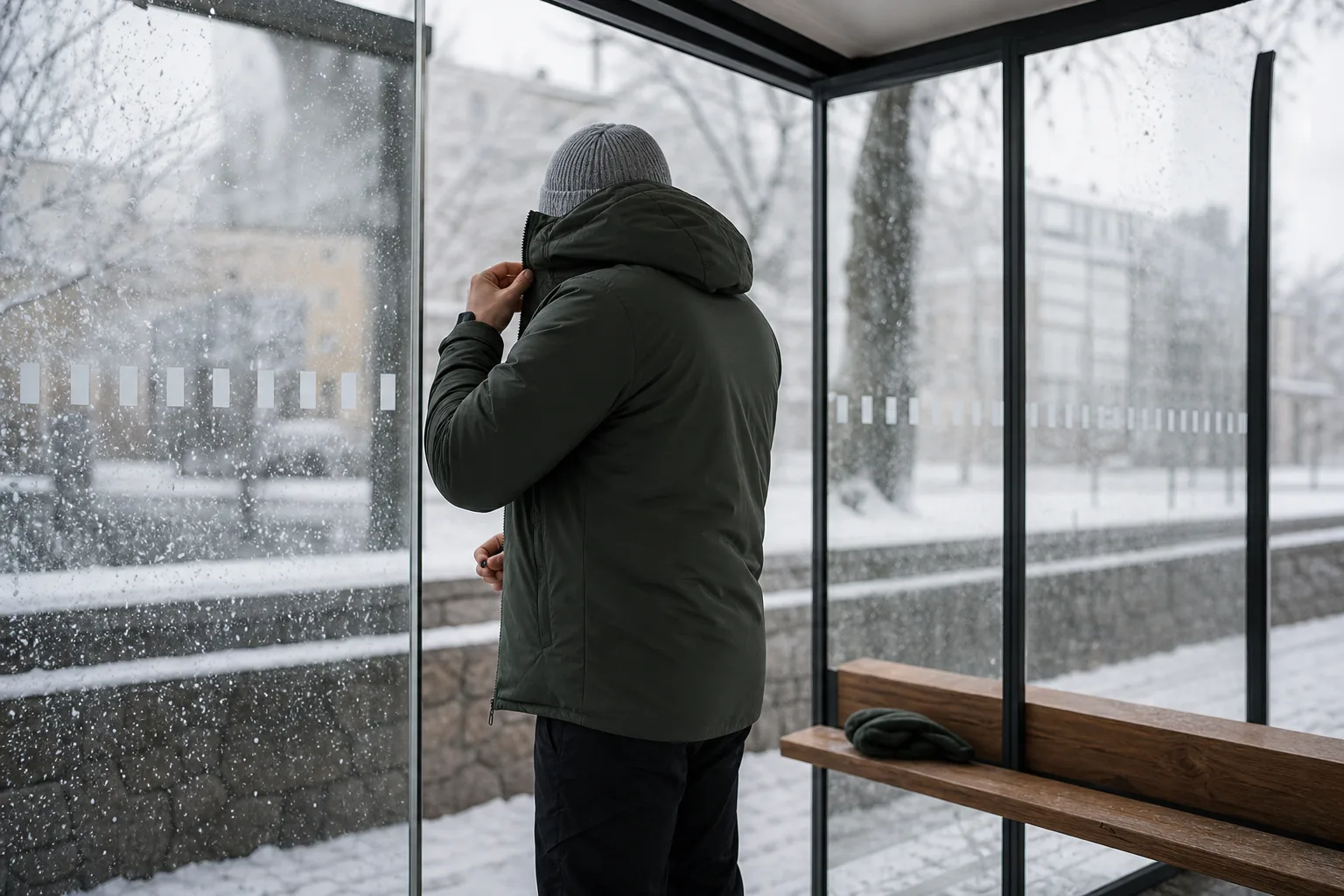 Person vid en snöig hållplats som justerar kragen på sin vinterjacka